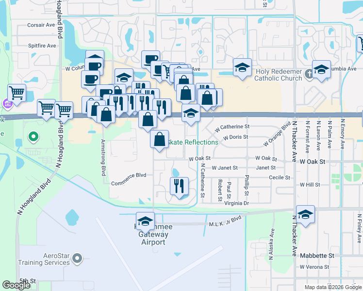 map of restaurants, bars, coffee shops, grocery stores, and more near 1052 North Plantation Drive in Kissimmee
