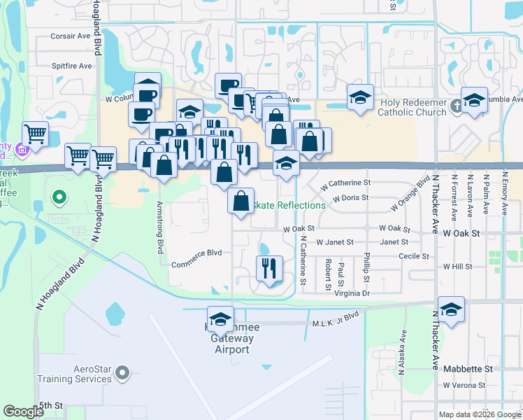 map of restaurants, bars, coffee shops, grocery stores, and more near 1052 North Plantation Drive in Kissimmee