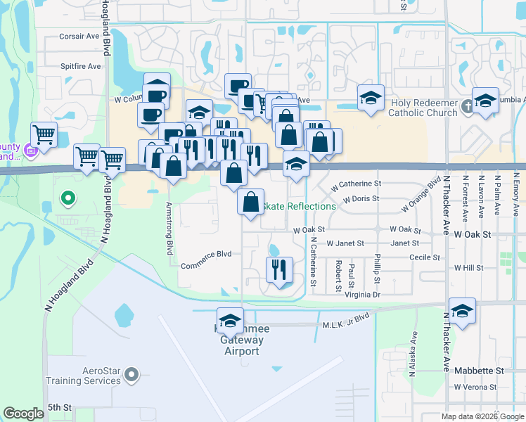 map of restaurants, bars, coffee shops, grocery stores, and more near 1052 North Plantation Drive in Kissimmee