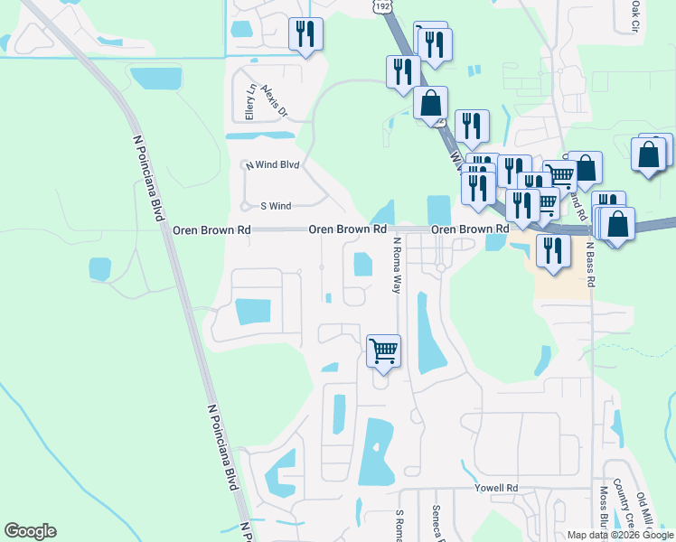 map of restaurants, bars, coffee shops, grocery stores, and more near 1245 Seasons Boulevard in Kissimmee