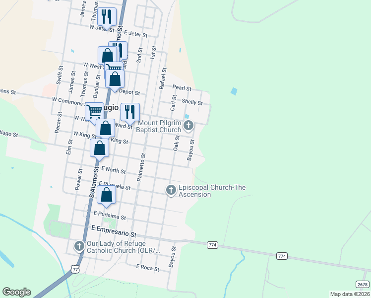 map of restaurants, bars, coffee shops, grocery stores, and more near 603 East King Street in Refugio