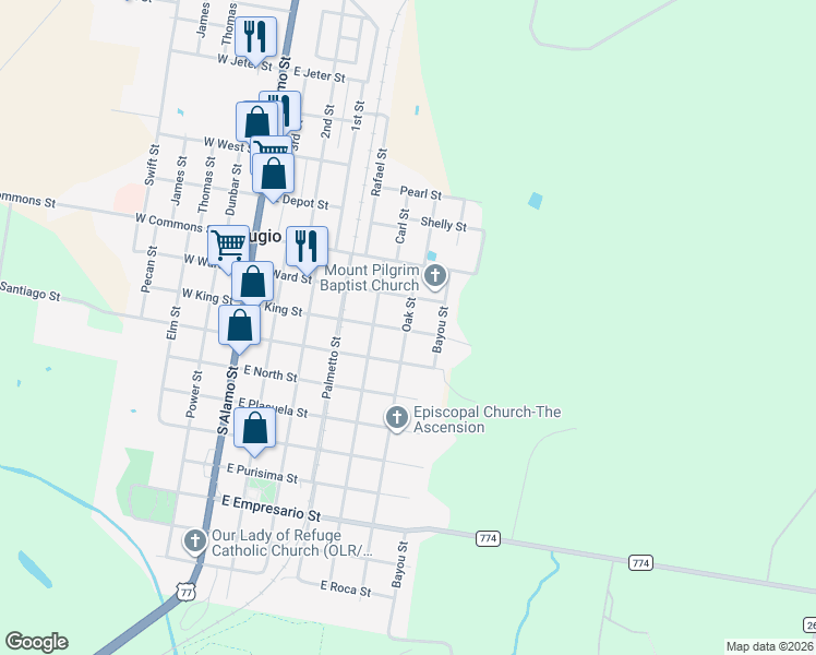 map of restaurants, bars, coffee shops, grocery stores, and more near 603 East King Street in Refugio