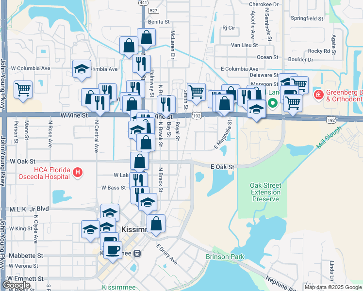 map of restaurants, bars, coffee shops, grocery stores, and more near 1107 Royal Street in Kissimmee