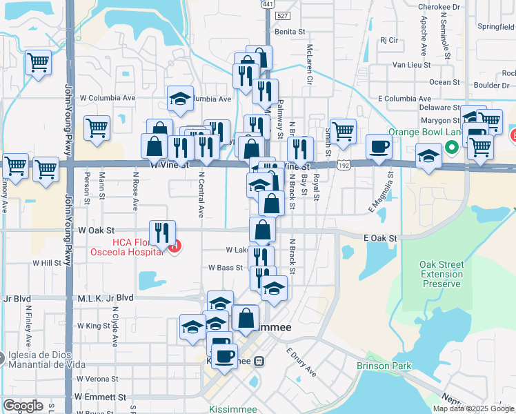 map of restaurants, bars, coffee shops, grocery stores, and more near 1100 North Main Street in Kissimmee