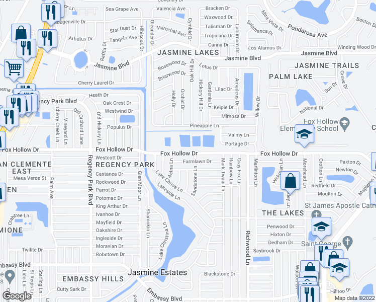 map of restaurants, bars, coffee shops, grocery stores, and more near 7705 Fox Hollow Drive in Port Richey