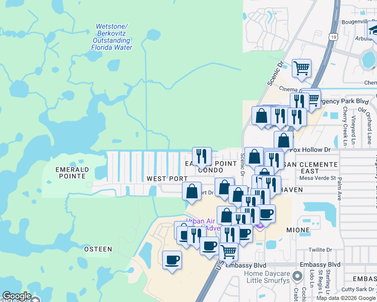 map of restaurants, bars, coffee shops, grocery stores, and more near 9931 Aquarius Drive in Port Richey