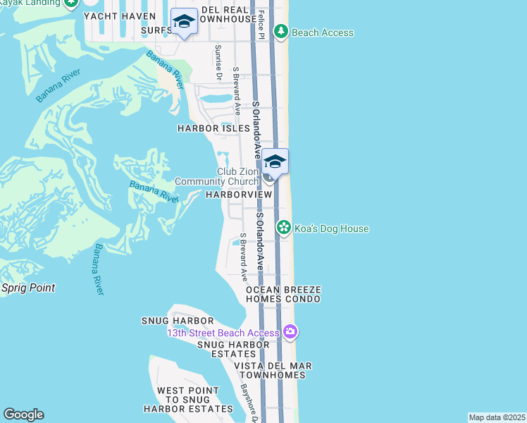 map of restaurants, bars, coffee shops, grocery stores, and more near 901 South Orlando Avenue in Cocoa Beach