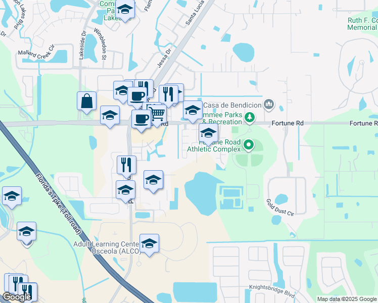 map of restaurants, bars, coffee shops, grocery stores, and more near 1184 Jade East Lane in Kissimmee
