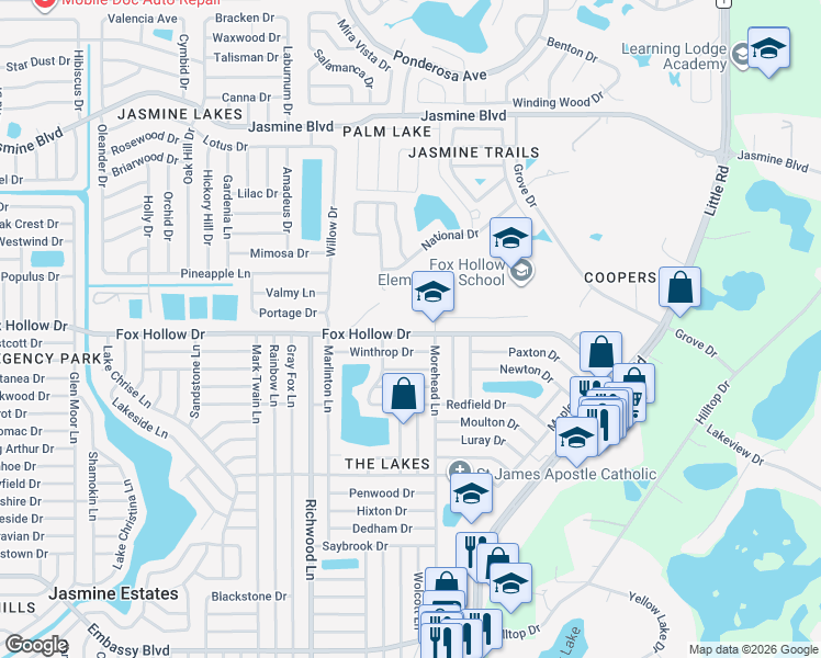 map of restaurants, bars, coffee shops, grocery stores, and more near 8231 Fox Hollow Drive in Port Richey