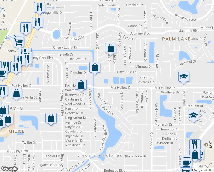 map of restaurants, bars, coffee shops, grocery stores, and more near 7611 Fox Hollow Dr in Port Richey