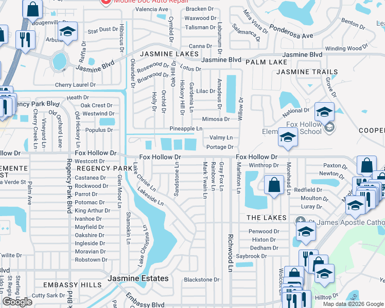 map of restaurants, bars, coffee shops, grocery stores, and more near 7815 Fox Hollow Drive in Port Richey