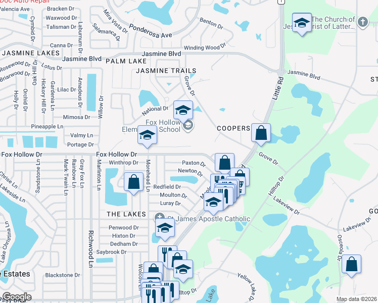 map of restaurants, bars, coffee shops, grocery stores, and more near 8513 Fox Hollow Drive in Port Richey