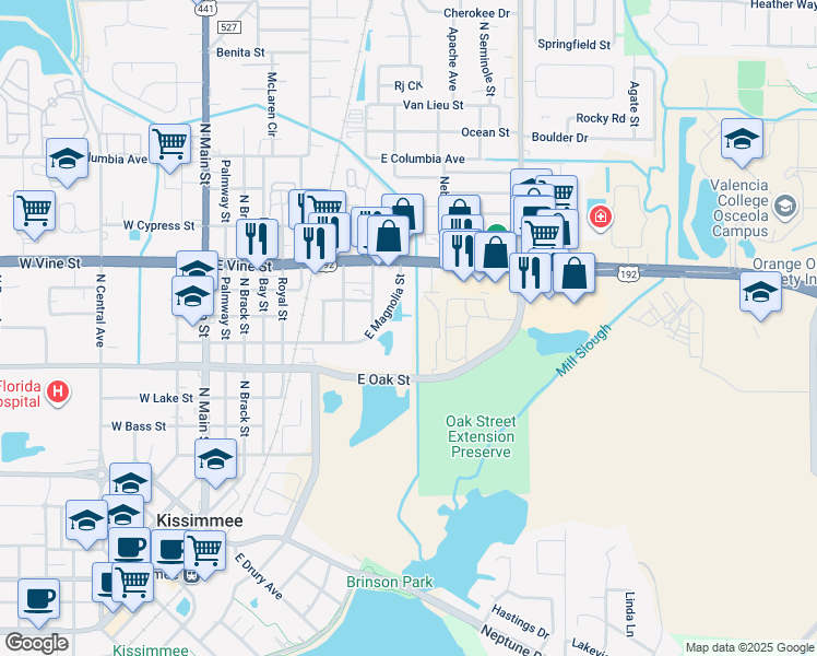 map of restaurants, bars, coffee shops, grocery stores, and more near 829 East Oak Street in Kissimmee