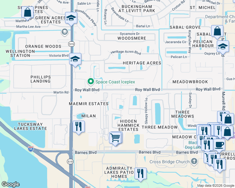 map of restaurants, bars, coffee shops, grocery stores, and more near 1375 Wildwood Way in Rockledge