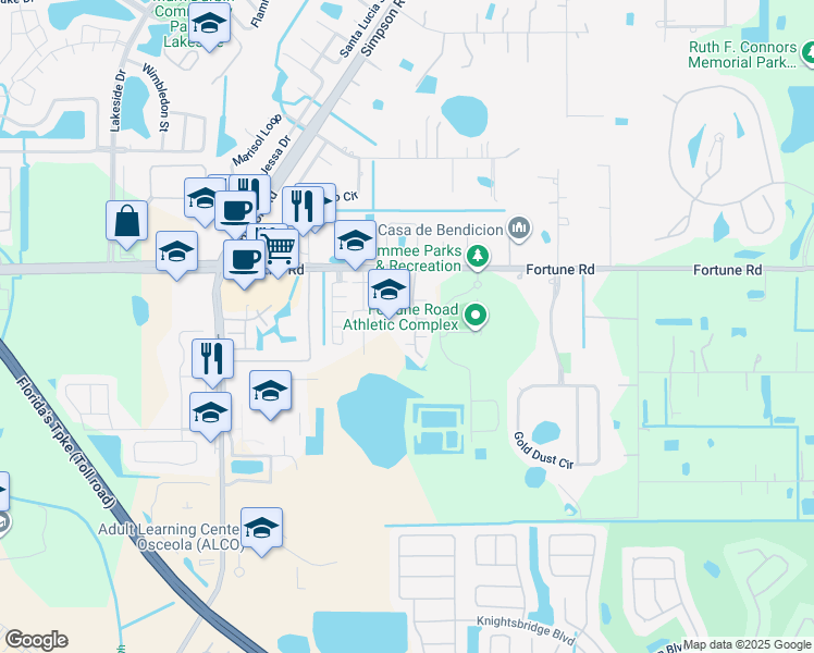 map of restaurants, bars, coffee shops, grocery stores, and more near 1036 Universal Rest Place in Kissimmee
