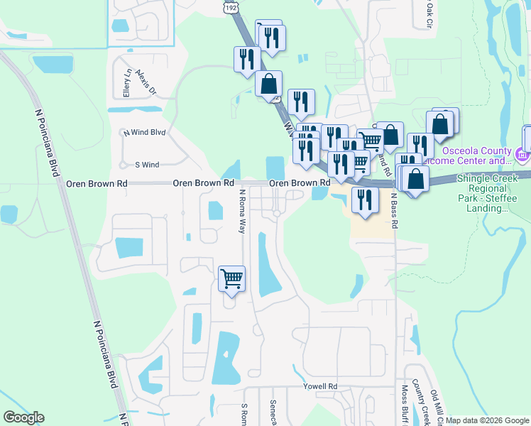 map of restaurants, bars, coffee shops, grocery stores, and more near 4552 Ada Lane in Kissimmee