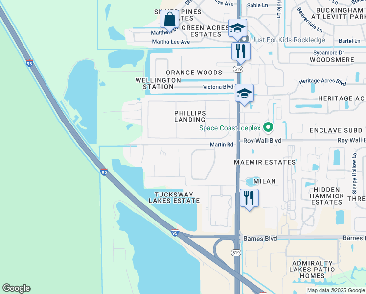 map of restaurants, bars, coffee shops, grocery stores, and more near 3411 Brahman Avenue in Rockledge