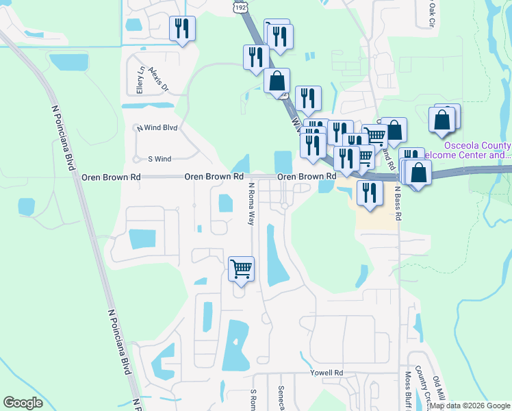 map of restaurants, bars, coffee shops, grocery stores, and more near 1100 Las Fuentes Drive in Kissimmee