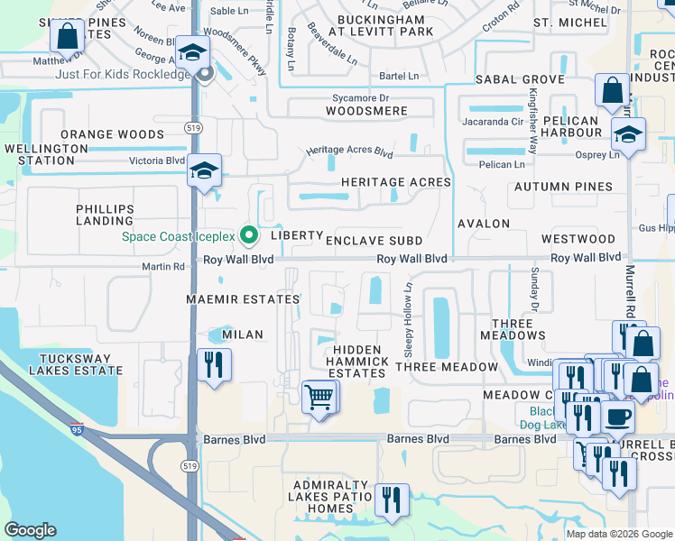 map of restaurants, bars, coffee shops, grocery stores, and more near 1331 Wildwood Way in Rockledge
