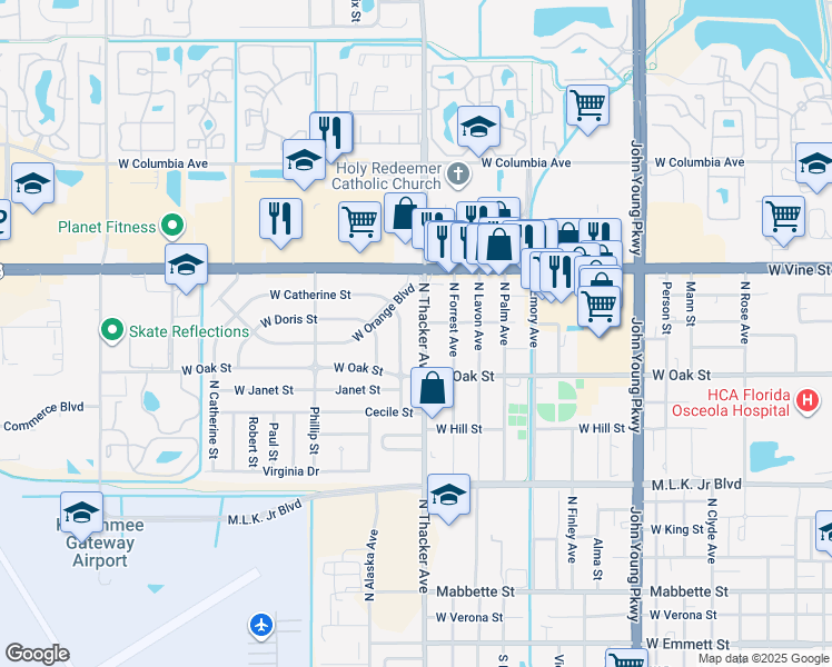 map of restaurants, bars, coffee shops, grocery stores, and more near 1110 North Thacker Avenue in Kissimmee