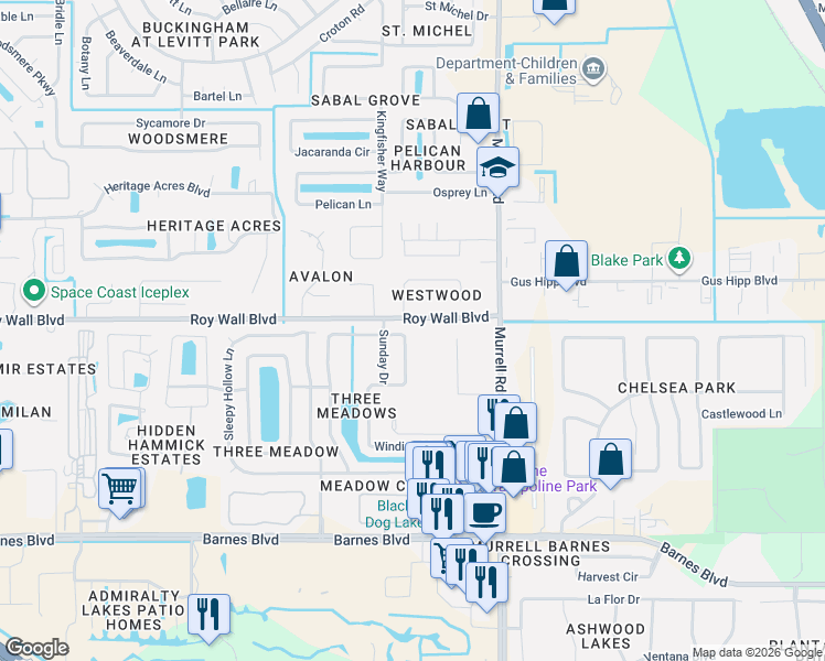 map of restaurants, bars, coffee shops, grocery stores, and more near 1172 Winding Meadows Road in Rockledge