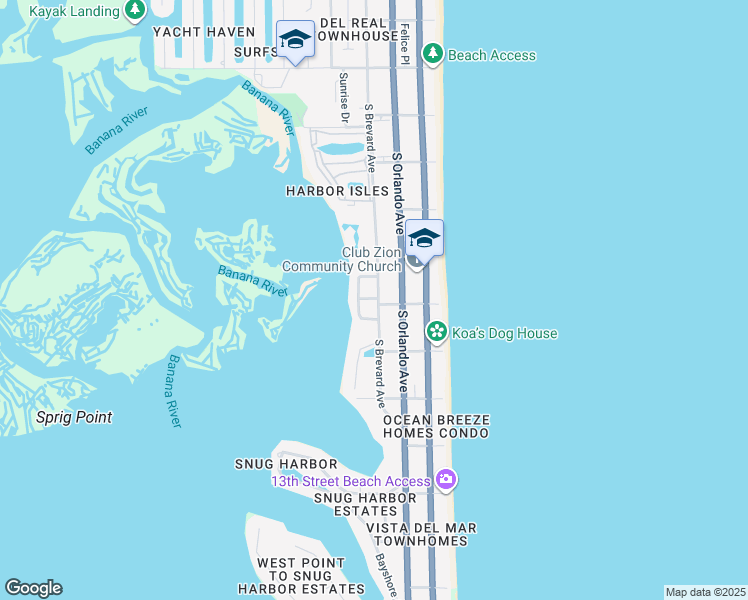map of restaurants, bars, coffee shops, grocery stores, and more near 37 Harbor Circle in Cocoa Beach