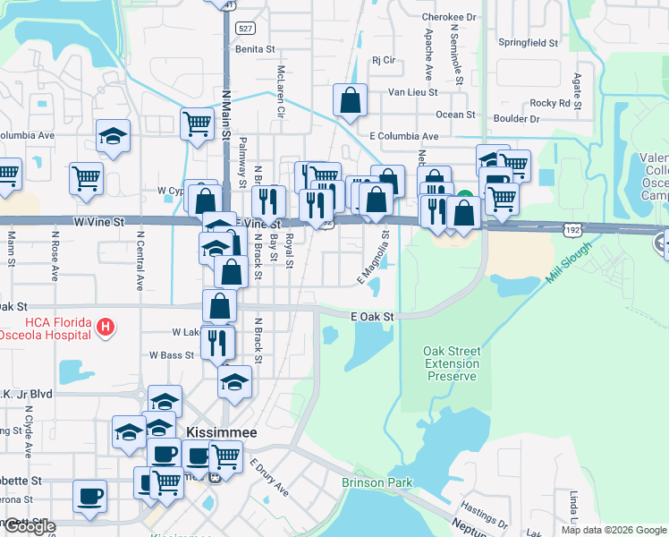 map of restaurants, bars, coffee shops, grocery stores, and more near 1107 Lindsay Way in Kissimmee
