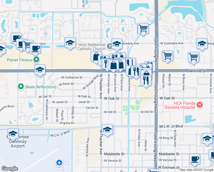 map of restaurants, bars, coffee shops, grocery stores, and more near 1900 West Orange Street in Kissimmee