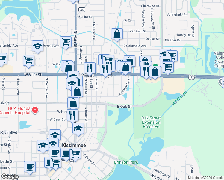 map of restaurants, bars, coffee shops, grocery stores, and more near 1107 Lindsay Way in Kissimmee