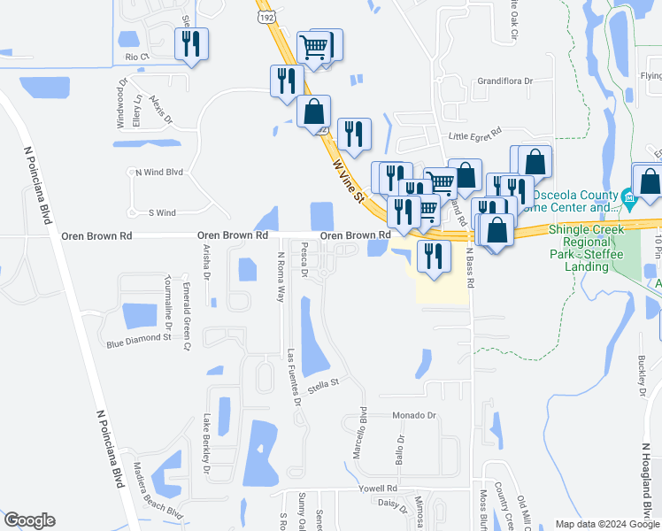 map of restaurants, bars, coffee shops, grocery stores, and more near 4505 Alberto Circle in Kissimmee