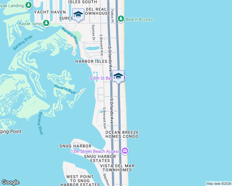 map of restaurants, bars, coffee shops, grocery stores, and more near 888 South Atlantic Avenue in Cocoa Beach