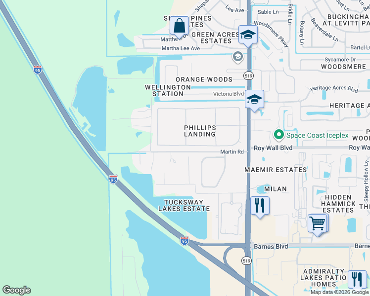 map of restaurants, bars, coffee shops, grocery stores, and more near 2150 Bridgeport Circle in Rockledge