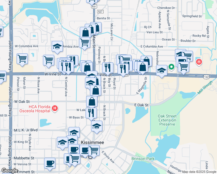 map of restaurants, bars, coffee shops, grocery stores, and more near 1204 Bay Street in Kissimmee