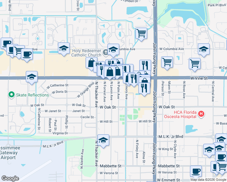 map of restaurants, bars, coffee shops, grocery stores, and more near 1220 North Palm Avenue in Kissimmee