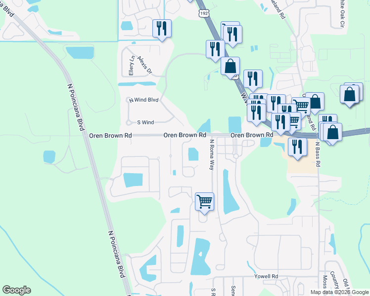 map of restaurants, bars, coffee shops, grocery stores, and more near 1347 Seasons Boulevard in Kissimmee