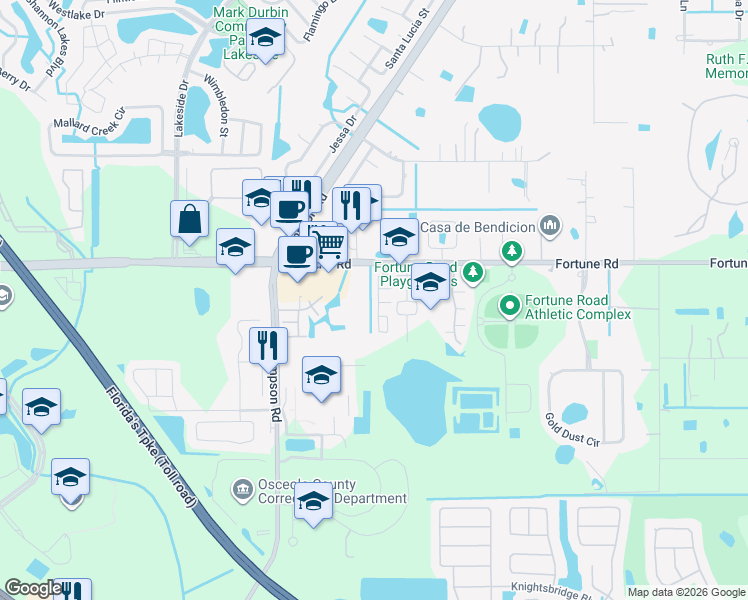 map of restaurants, bars, coffee shops, grocery stores, and more near 2401 Ming Court in Kissimmee