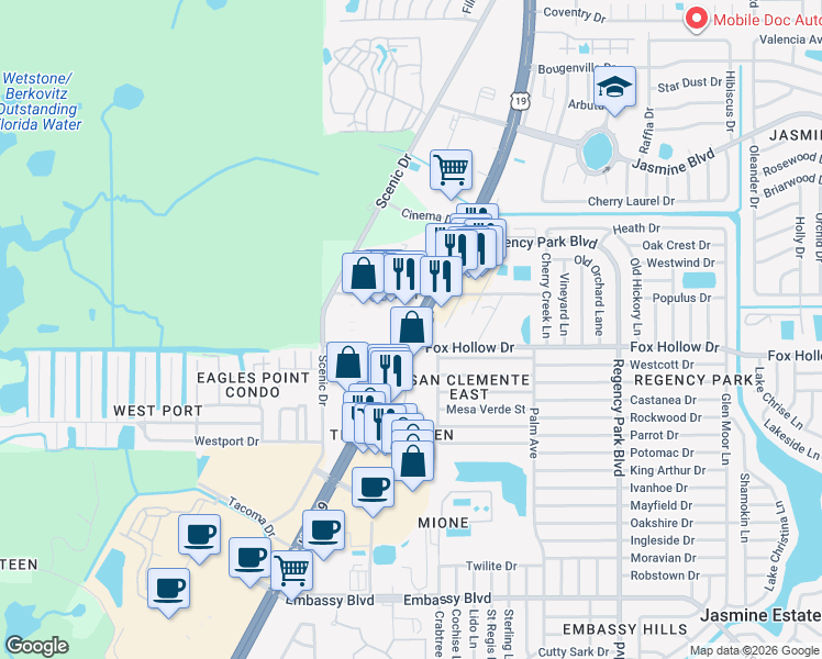 map of restaurants, bars, coffee shops, grocery stores, and more near 10091 U.S. 19 in Port Richey