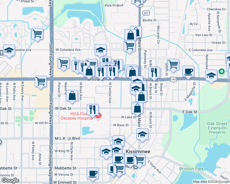 map of restaurants, bars, coffee shops, grocery stores, and more near 302 West Vine Street in Kissimmee