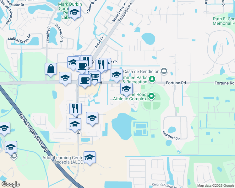 map of restaurants, bars, coffee shops, grocery stores, and more near 1200 La Fortuna Boulevard in Kissimmee