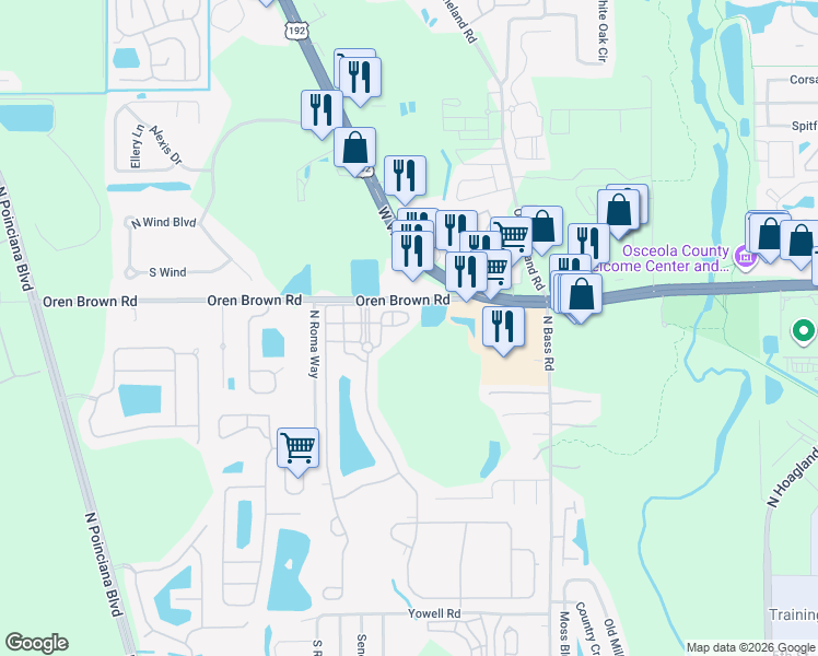 map of restaurants, bars, coffee shops, grocery stores, and more near 4552 Alberto Circle in Kissimmee