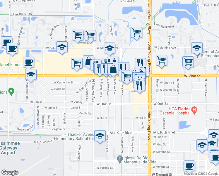 map of restaurants, bars, coffee shops, grocery stores, and more near 1203 North Lavon Avenue in Kissimmee