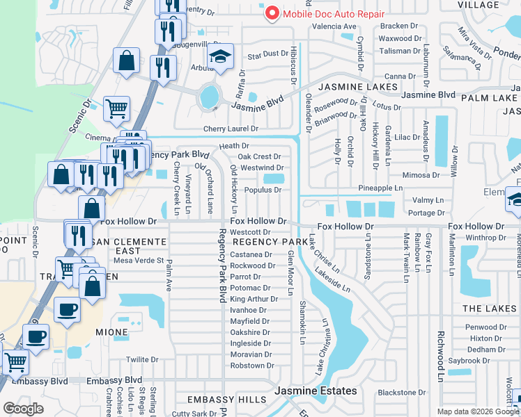 map of restaurants, bars, coffee shops, grocery stores, and more near 10032 Kingswood Lane in Port Richey