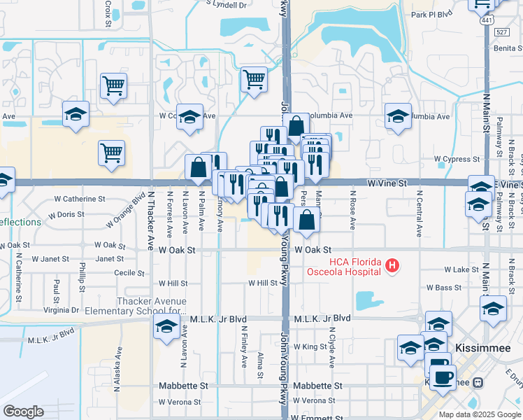 map of restaurants, bars, coffee shops, grocery stores, and more near 1312 N John Young Pkwy in Kissimmee