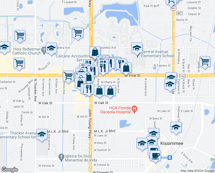 map of restaurants, bars, coffee shops, grocery stores, and more near 1006 West Cherry Street in Kissimmee