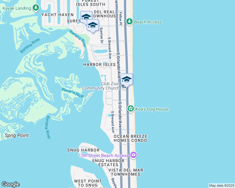map of restaurants, bars, coffee shops, grocery stores, and more near 860 South Orlando Avenue in Cocoa Beach