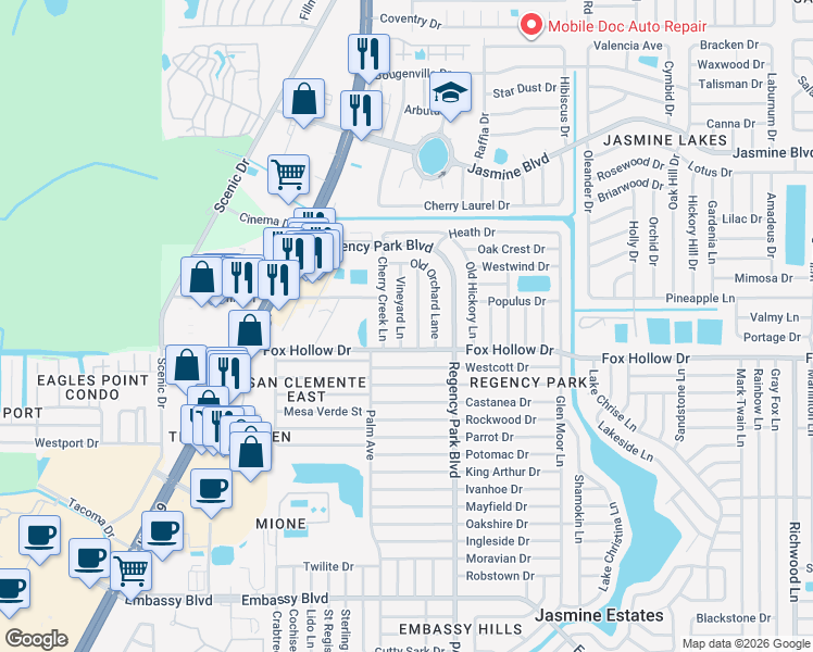 map of restaurants, bars, coffee shops, grocery stores, and more near 10024 Vineyard Lane in Port Richey