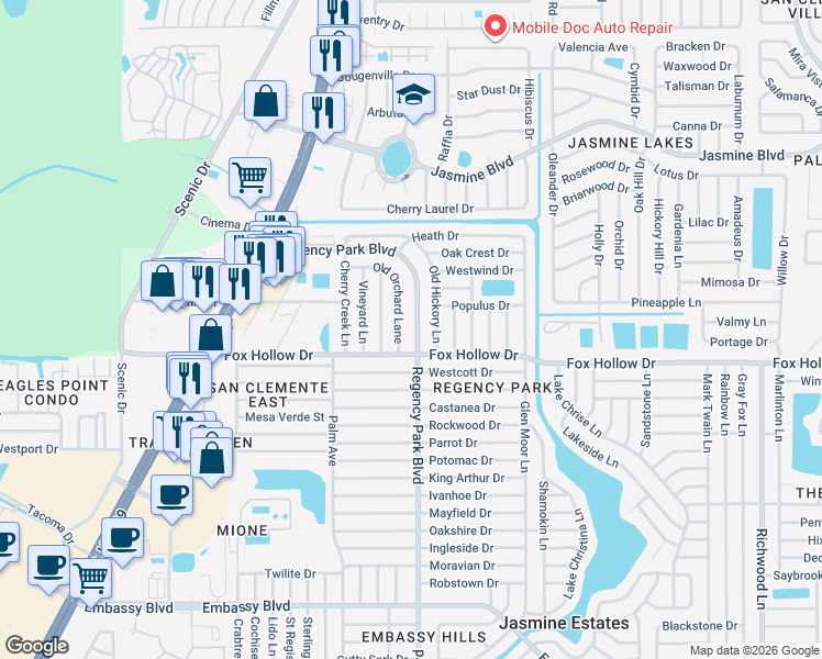 map of restaurants, bars, coffee shops, grocery stores, and more near 10032 Old Orchard Lane in Port Richey