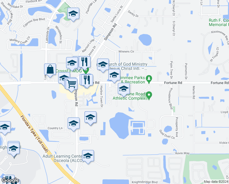 map of restaurants, bars, coffee shops, grocery stores, and more near 1208 La Fortuna Boulevard in Kissimmee