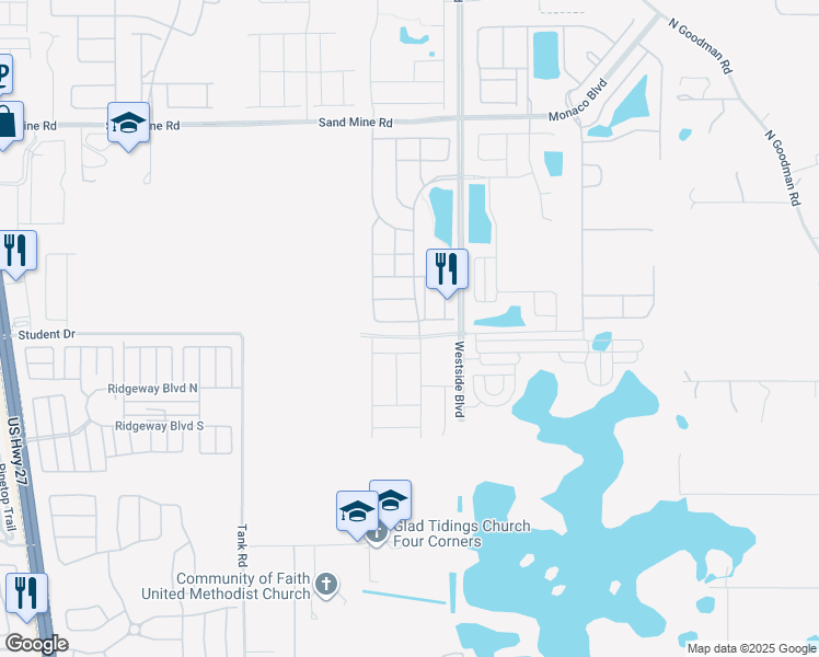 map of restaurants, bars, coffee shops, grocery stores, and more near 1517 Nassau Point Trail in Kissimmee