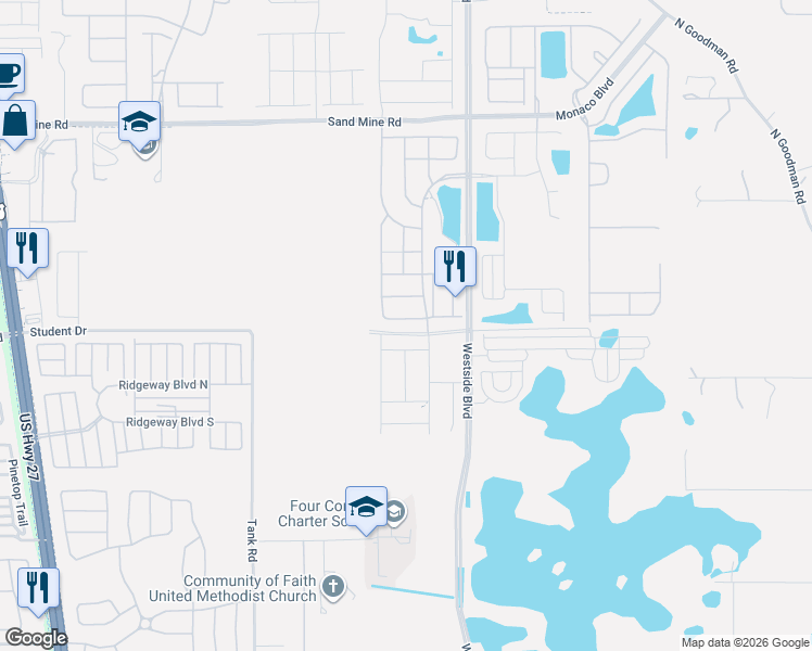 map of restaurants, bars, coffee shops, grocery stores, and more near 1517 Nassau Point Trail in Kissimmee
